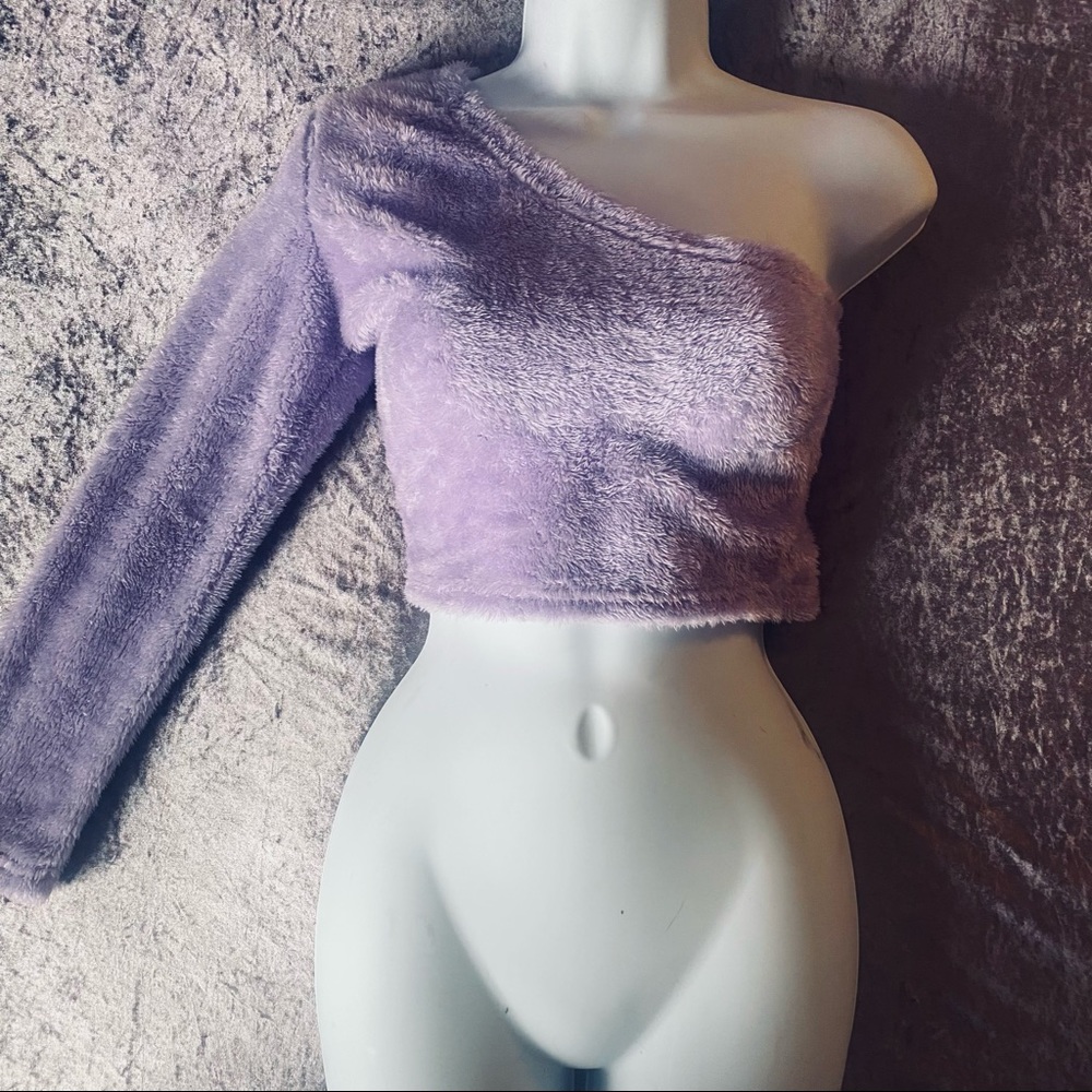 Lavender “Teddy” Style One Shoulder Cropped Sweater